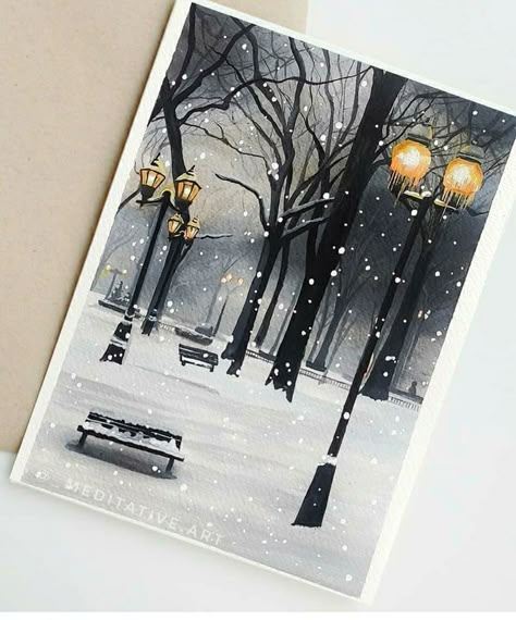 Gouche Christmas Painting, Winter Canvas Painting Ideas Easy, Winter Drawings Easy, Guache Painting Ideas, Asthetic Paintings Canvases, Snow Painting, Painting On Canvas For Beginners, Canvas Painting For Beginners, Painting Ideas For Beginners