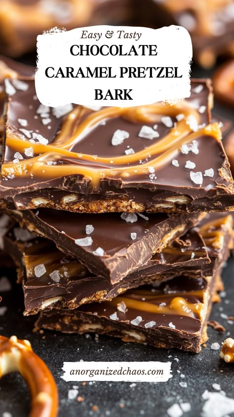 Chocolate Caramel Pretzel Bark Chocolate Caramel Pretzel Bark, Christmas Chocolate Bark Recipes, Easy Homemade Treats, Pretzel Bark Recipes, Salted Caramel Pretzel Bark, Caramel Pretzel Bark, Chocolate Bark Recipes, Pretzel Bark, Homemade Candy Bars