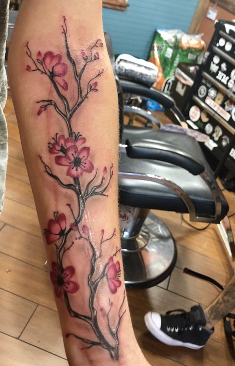 Blossom Vine Tattoo, Cherry Blossom Tattoo On Arm, Cherry Blossom Tattoo Inner Arm, Blossom Tree Arm Tattoo, Cherry Blossom Mandala Tattoo, Cherry Blossom Tattoo Women, Cherry Tattoo Cover Up, Pretty Tattoos For Women On Arm, Tree Flower Tattoo