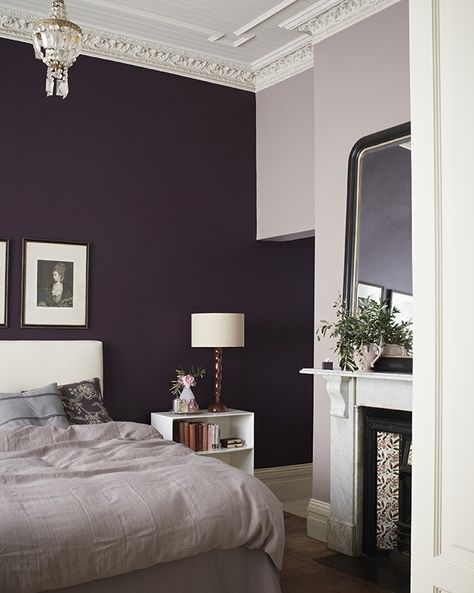 anneroselt.com Aubergine Walls Bedroom, Royal Purple Bathroom, Dark Purple Accent Wall Bedroom, Amethyst Bedroom, Dark Purple Bedroom Walls, Plum Accent Wall, Deep Purple Bedroom, Elemental Colour, Purple Wall Bedroom