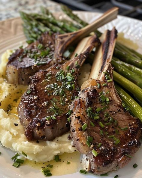 Cookerecipe | Lamb Chops with Mashed Potatoes and Asparagus | Facebook Lamb And Mashed Potatoes, Christmas Lamb Recipes, Lamb Chops Recipes, Mashed Potatoes And Asparagus, Lamb Chops With Mashed Potatoes, Lamb Chop And Mashed Potatoes, Lamb With Mashed Potatoes, Lamb Chop Aesthetic, Lamb Chop