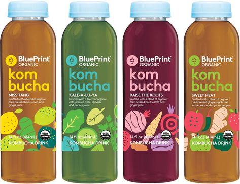 BluePrint(R) Organic Kombucha Drinks Kombucha Labels, Kombucha Drink, Kombucha Brands, Salad Packaging, Kombucha Bottles, Organic Drinks, Fermented Tea, Juice Branding, Drinks Packaging Design