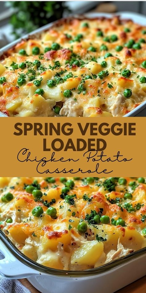 Spring Veggie Loaded Chicken Potato Casserole  Ingredients:  2 tablespoons olive oil 1 lb chicken breasts, diced 3 cups potatoes, peeled and cubed 1 medium onion, chopped 2 garlic cloves, minced 1 cup carrots, sliced 1 cup asparagus, chopped 1 cup peas 1 cup broccoli florets 1 teaspoon dried thyme 1/2 teaspoon salt 1/2 teaspoon black pepper 1/4 cup all-purpose flour 2 cups chicken broth 1 cup milk 1/2 cup grated cheddar cheese  #Spring #Veggie #Loaded #Chicken #Potato #Casserole Veggie Chicken Casserole, Spring Veggie Loaded Chicken Potato Casserole, Chicken Broccoli Carrot Casserole, Loaded Veggie And Chicken Casserole, Vegetable Cheese Casserole, Chicken Veggie Casserole Recipes, Baked Veggie Casserole, Potato Casserole Recipes For Dinner, Vegetable Meals Dinners