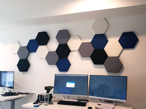 “They were so easy to hang, they look great, and the difference it has made in the acoustics in the studio is amazing.”   -Susan W.   #acousticdesignworks #qualitysound #soundproofing Hexagon Sound Panels Design, Sound Panels Design, Tile Arrangement, Segi Lima, Art Deco Style Interior, Diy Baby Room Decor, Sound Panel, Wall Tiles Design, Art Deco Interior Design