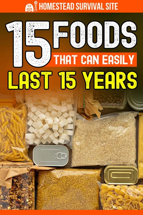 There are certain foods that have a very long shelf life. These 15 are great for food storage as they will last at least 15 years. Foods With A Long Shelf Life, Foods That Store For Years, How To Save Food For Years, Bunker Food Storage, Off Grid Food Storage, Food With Long Shelf Life, Canning Storage Ideas, Food Preparedness, Preppers Food Storage