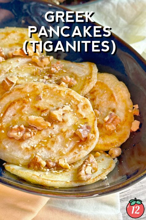 Greek Pancakes (Tiganites) | 12 Tomatoes Greek Pancakes, My Greek Table, Diane Kochilas, Yeast Dough, European Recipes, 12 Tomatoes, Greek Dishes, Brunch Dishes, Breakfast Pancakes