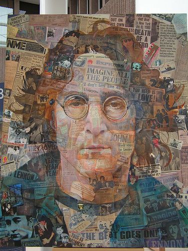 John Lennon made up of newspaper articles. Rachel Riley, Newspaper Clippings, Collage Portrait, Everyday People, Going Viral, Facebook Post, Blonde Wig, A Collage, Pics Art