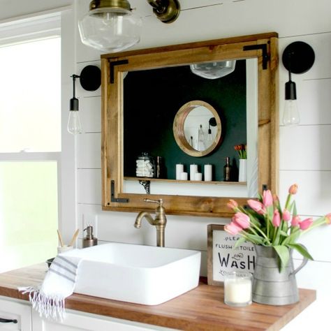 Get an inside peek at this vintage, 1902 Victorian Farmhouse, in a gorgeous before & after, secret-spilling Home Tour with Christina's Adventures! Camp Bathroom, Downstairs Ideas, Country Bathrooms, Remodeled Bathrooms, Bathroom Vanity Remodel, Powder Bathroom, Rustic Farmhouse Bathroom, Bathroom Vanity Decor, Farmhouse Bathroom Vanity