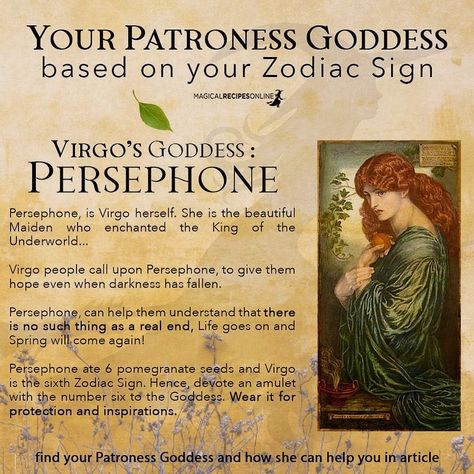 Magical Recipes Online on Instagram: “Your Patroness Goddess based on your Zodiac Sign ❤️ check our story https://www.magicalrecipesonline.com/2018/02/whos-patron-goddess-based-…” Greek Mythology Goddesses Persephone Art, Goddess Persephone, Pagan Life, Find Your Zodiac Sign, Virgo Goddess, Persephone Goddess, Goddess Magick, Greece Mythology, Greek Mythology Gods