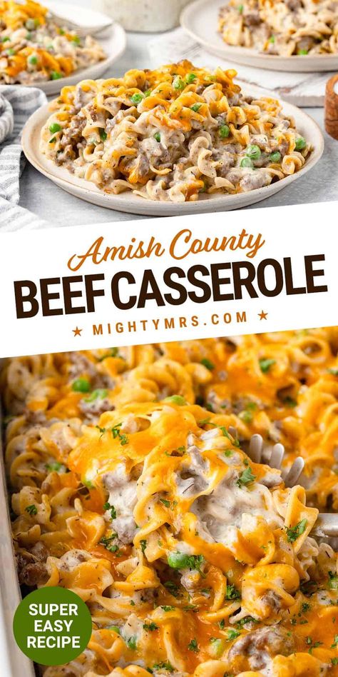 Ready for a cozy dinner that's both easy and comforting? This Amish Country Casserole brings together noodles, ground beef, and a creamy sauce topped with melted cheese. It’s easy, filling, and perfect for those busy weeknights when you need comfort food fast. Enchilada Casserole With Noodles, Dinner Recipes With Noodles, Amish Casserole Ground Beef, Amish Noodle Recipe, Ground Beef And Pasta Recipes, Amish Beef And Noodles, Meal Themes, Beef And Noodle Casserole, Casserole With Noodles