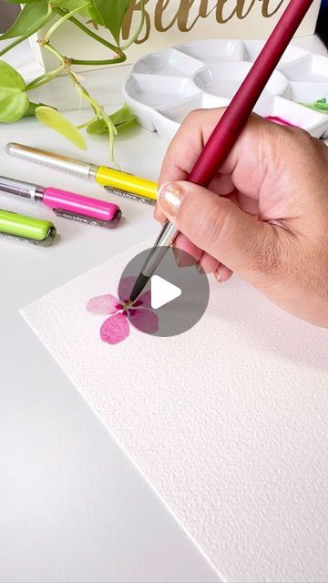 Water Color Painting Ideas For Beginners Step By Step, Watercolour Flowers Simple, Water Colours Painting For Beginners, Simple Watercolor Paintings For Beginners, Water Coloring Ideas For Beginners, Waterpaint Ideas, Dark Pink Colour, Flowers For Beginners, Watercolour Tutorial