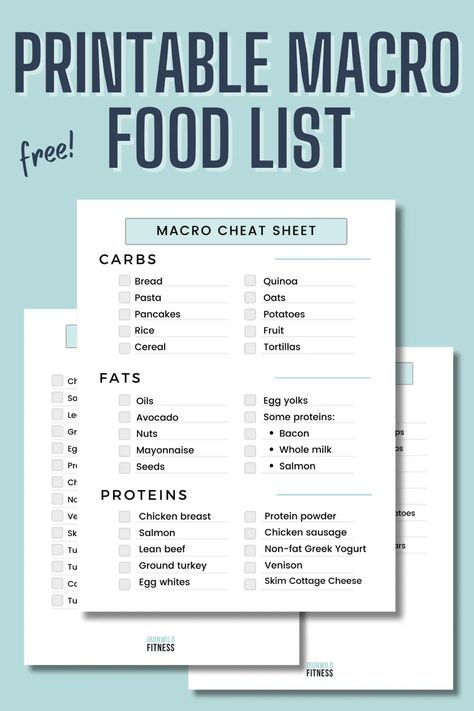 Printable Macro Food List - Download a free macro cheat sheet PDF and grocery list! Macro Grocery List, Macro Friendly Grocery List, Macro Food List, Macro Food, Macro Meal Plan, Macro Nutrition, Quinoa Pasta, Fruit Cereal, Track Calories