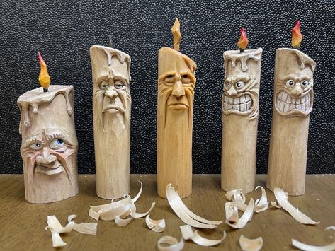 Weird Candles, Wood Carving Art Sculpture, Carved Candles, Wood Carving Faces, Dremel Carving, Simple Wood Carving, Wood Carving For Beginners, Halloween Wood Crafts, Wood Spirit