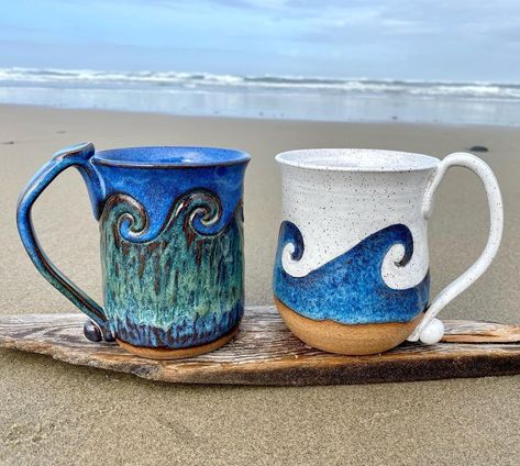 Ocean Mug Ceramics, Ocean Inspired Pottery, Ocean Themed Pottery, Ocean Pottery, Wave Mug, Seaside Kitchen, Ocean Mug, Mug Drawing, Ceramic Cafe