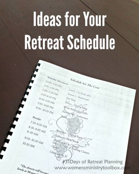 Day 12 – Ideas for Your Retreat Schedule - I'm sharing actual women's ministry retreat schedules to help you plan. Check them out at www.womensministrytoolbox.com . Womens Retreat Ideas, Youth Retreat Ideas, Retreat Schedule, Women Retreat, Retreat Activities, Retreat Themes, Christian Retreat, Young Adult Ministry, Art Retreat