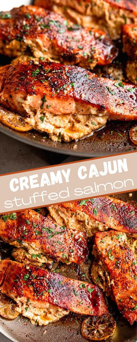 Cajun Stuffed Salmon, Mermaid Recipes, Stuffed Salmon Recipe, Cooking Salmon Fillet, Ragin Cajun, Cajun Salmon, Cooked Salmon, Stuffed Salmon, Fried Salmon