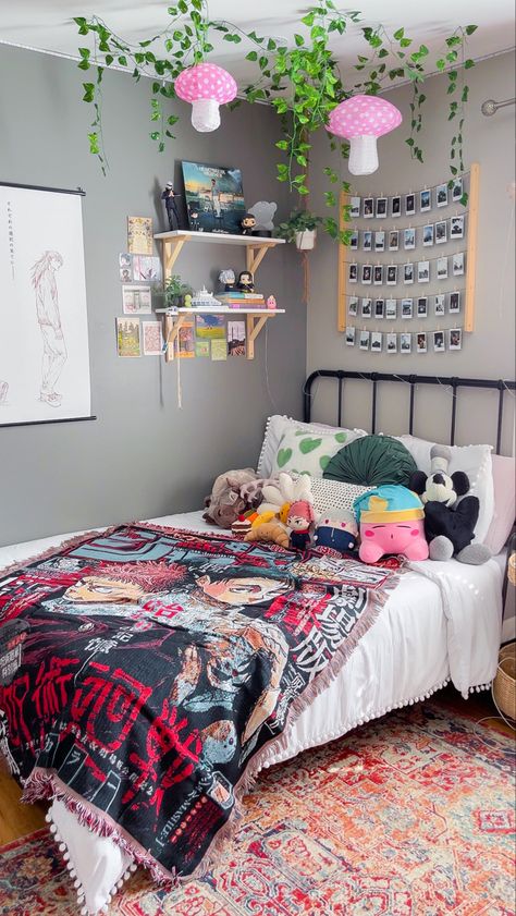 Anime Inspired Bedroom Ideas, Anime Bedroom Design, Anime Dorm Room, Anime Themed Bedroom, Otaku Room Aesthetic, Posters On Wall, Japan Room, Anime Bedroom Ideas, Posters On Wall Bedroom