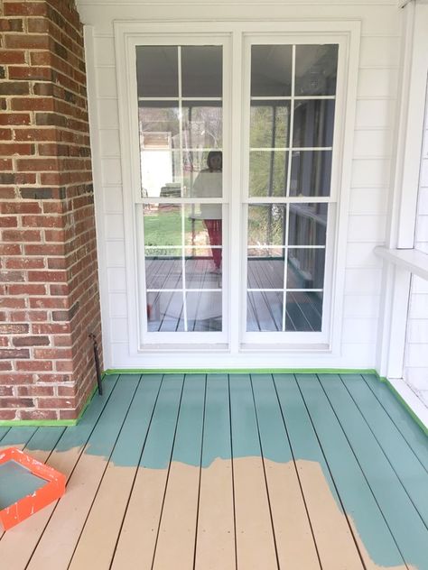 Our Porch Makeover: Painting the Floor Painted Verandah Floor, Painted Porch Floors Wood, Painted Wood Porch Floor, Screen Porch Paint Colors, Front Porch Painting Ideas, Painting Porch Floors, Painted Deck Floors Wood, Painted Sunroom Floor, Porch Floors Ideas