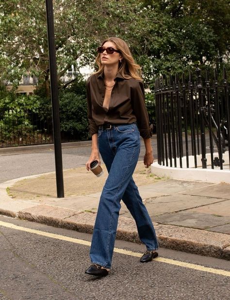 Brown Shirt, Straight-Leg Jeans, Gucci Shoes - lunar mountains | lunarmountains 90s Minimalism Fashion, 90s Minimalism, Off Duty Outfits, 90s Trends, Uni Outfits, Brown Shirt, 90s Outfit, The Boyfriend, Work Fits