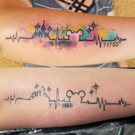 Disney Tattoo Ideas Watercolor, Disney Castle Heartbeat Tattoo, Disney Heartbeat Tattoo, Disney Theme Tattoos, Run Disney Tattoo, Disney Forearm Tattoo, Couples Disney Tattoos, Disney Wrist Tattoo, Disney Couples Tattoos