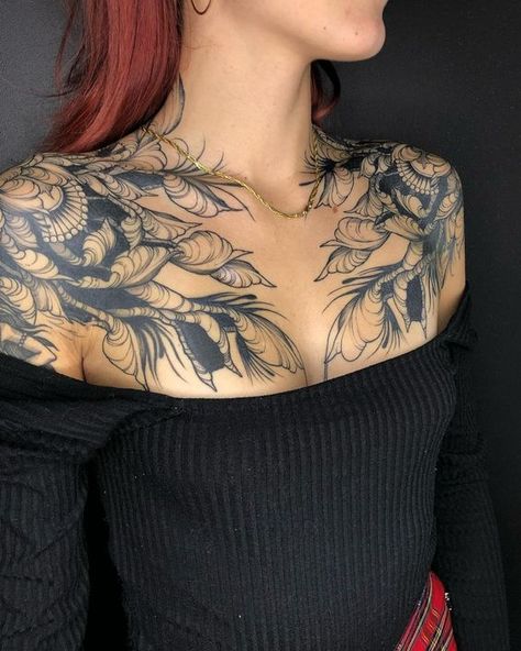 Flower chest tattoo. Chrysanthemum Tattoo Neck, Mandala Tattoo Neck For Women, Foliage Chest Tattoo, Chest Tattoos For Women Unique, Orchid Chest Tattoo, Chest Piece Women, Chest Tattoo Woman, Shoulder Neck Tattoos, Chest Shoulder Tattoo Female