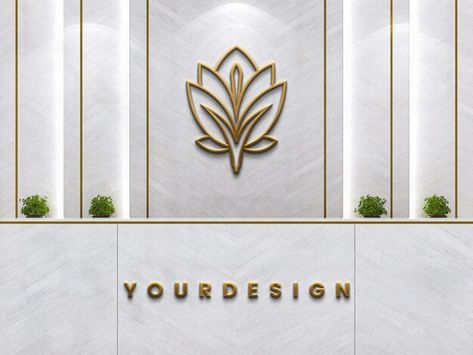 Gold 3d logo mockup on white marble wall... | Premium Psd #Freepik #psd #logo Cash Counter Background Design, Shop Cash Counter Back Wall Design, Counter Background Design, Reception Logo Wall Design, Logo Wall Ideas, Cash Counter Back Wall Designs, Reception Back Wall, Cloth Showroom, Acrylic Logo Sign