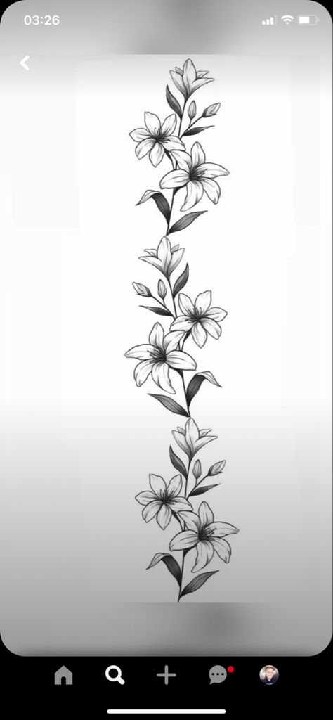 Ideas To Finish A Sleeve Tattoo, Lilly Vine Tattoo, Lily Flower Spine Tattoo, Lilly Wrap Around Tattoo, Lilly Forearm Tattoo Women, Flowers Fillers Tattoo, Outlined Tattoos Woman, Spine Tattoo Template, Long Simple Tattoos For Women