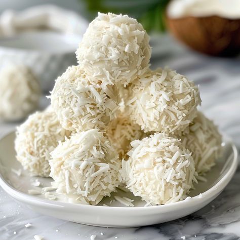 The Best Coconut Snowballs - Good For Recipes Homemade Coconut Candy, Coconut Candies Recipes, Coconut Snowball Cake, No Bake Coconut Snowballs, Coconut Flakes Recipe Healthy, Cloud Themed Snacks, Coconut Snowballs Recipe, Coconut Cream Balls, Coconut Cream Dessert Recipes