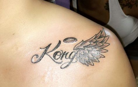 Tattoo on the shoulder with angel wing and have a name or word #tattoos Name With Angel Wings Tattoo, Tattoo On The Shoulder, Little Brother Quotes, Tattoo Name, Angel Wings Tattoo, Wing Tattoo, Brother Quotes, Girly Tattoos, Wings Tattoo