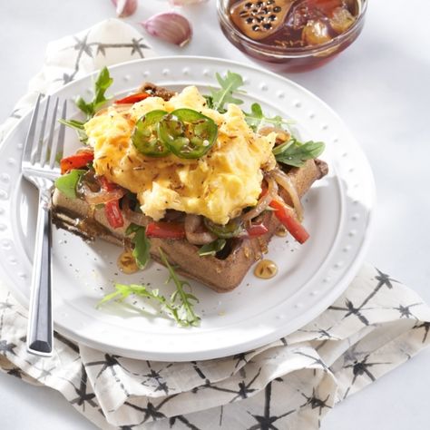 Open-Face Scrambled Egg Waffle Sandwich with Garlic-Infused Honey Recipe Using Honey, Open Sandwich, Sauteed Peppers And Onions, Creamy Scrambled Eggs, Infused Honey, Egg Waffle, Waffle Ingredients, Savory Waffles, Sauteed Peppers