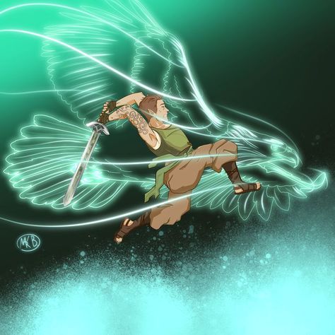 Orym of the Air Ashari in a graceful leap with a sword surrounded by the aura of an eagle spirit. Orym Critical Role, Orym Of The Air Ashari, Liam O Brien, Critical Role Characters, Critical Role Art, Here Lies, Critical Role Fan Art, Fandom Art, Dnd Art