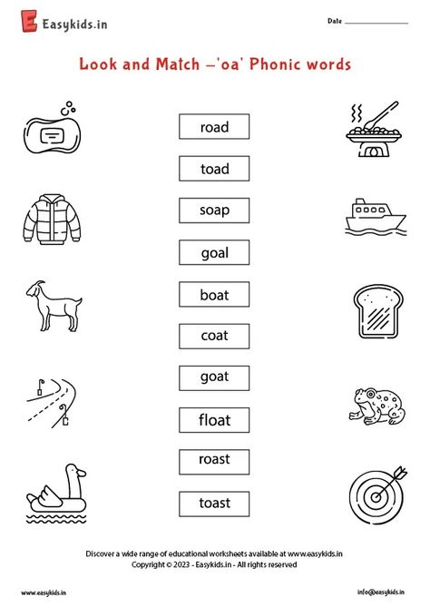 Look And Match -'oa' Phonic Words Worksheet 365 Oa Phonics Worksheet, Oa Words Worksheet, Oa Phonics, Oa Words, Vowel Teams Worksheets, Phonic Sounds, Words Worksheet, Toddler Lessons, English Worksheet