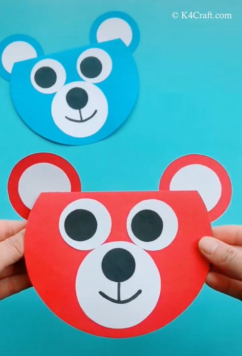 Paper Bear Card Craft for Kids - Step by Step Tutorial • K4 Craft Bear Art And Craft, Paper Crafts For Kids Easy Step By Step, Paper Bear Craft, Origami Garden, Teddy Bear Craft, Paper Flowers Tutorial, Paper Bear, Teddy Bear Crafts, Bear Craft