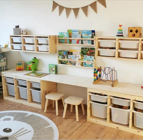 Playroom And Learning Room, Loft Space Playroom, Modern Rustic Playroom, Toy Room Set Up, Playroom Design Ikea, Classroom Loft Ideas, Montessori Bedroom Design, Rustic Playroom Ideas, Kids Montessori Playroom