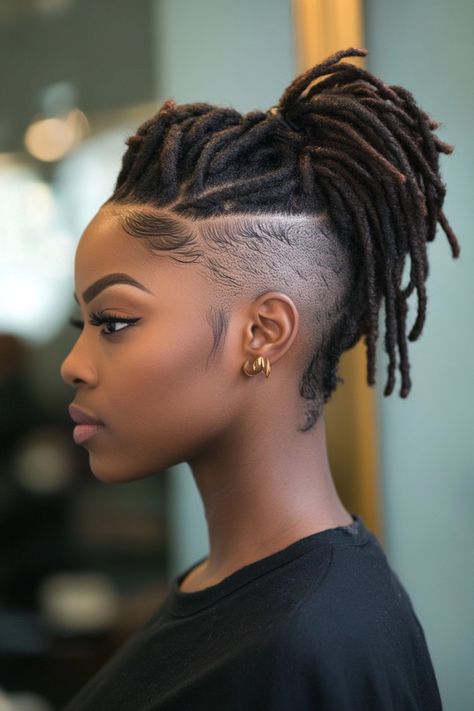 Shaved Side Dreadlocks Women, Braids Shaved Sides And Back, Shaved Sides Locs, Dreads With Shaved Sides, Lock Styles, Dreads Styles For Women, Romantic Braid, Dreads Hairstyles, Braids With Shaved Sides