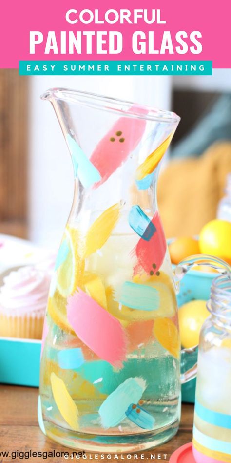 The days are getting warmer, and it's time to start making the best afternoon tea to sip while sitting on the porch! What's going to make it even better? This complete DIY guide features how to make a colorful brushstroke painted pitcher. From stylish tea pitchers to mason jar glasses, this creative technique will transform any DIY painting project. Painted Glass Pitcher, Pitcher Painting Ideas, Backyard Furniture Diy, Movie Inspiration, Mason Jar Glasses, Painted Pitcher, Glass Paint Markers, Handmade Party Favors, Pitcher Decor