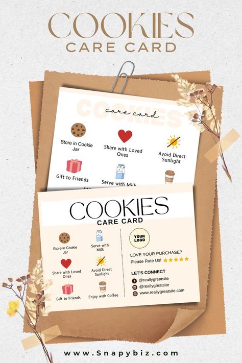 A helpful cookies care card offering tips on storage and serving to keep cookies fresh and delicious for longer. 🍪🍫 Business Card Packaging, Cookies Bakery, Thank You Cookies, Bakery Business Cards, Cookie Bakery, Bakery Branding, Card Packaging, Packing Ideas, Stay Soft