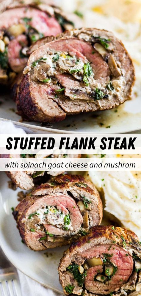 Cheesy Spinach And Mushroom Stuffed Steak Rolls, Steak And Goat Cheese Recipes, Flank Steak Roll Ups Recipes In Oven, Stuffed Flank Steak Recipes Goat Cheese, Wrapped Flank Steak Recipes, Easter Steak Dinner Ideas, Rolled Meat Recipes, Rolled Skirt Steak Recipes, Stuffed Round Steak Recipes