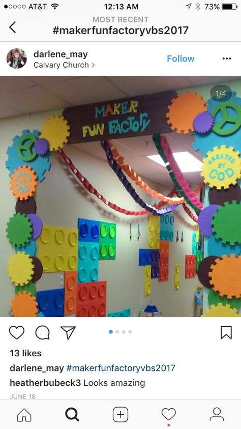 Maker Fun Factory Vbs 2017, Robot Classroom, Steam Night, Stem Night, Maker Fun Factory Vbs, Maker Fun Factory, Steam Lab, Robot Theme, Science Decor