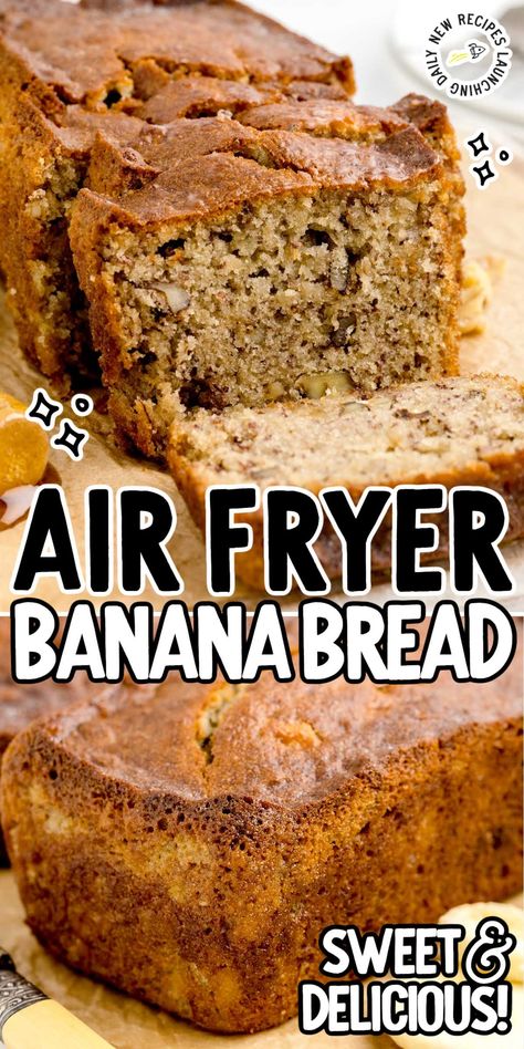 This air fryer banana bread is a moist and delicious treat that is easy to make and will satisfy the whole family! Air Fryer Banana Nut Bread, Air Fryer Blueberry Banana Bread, Easy Air Fryer Banana Bread, Banana Bread Recipe In Air Fryer, Air Fryer Banana Bread Recipes, Banana Cake In Air Fryer, Banana Bread Air Fryer, Air Fryer Banana Bread, Quick Banana Bread