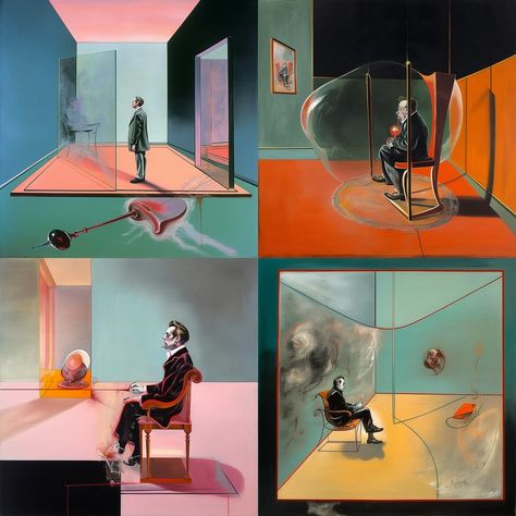 Francis Bacon Midjourney style | Andrei Kovalev's Midlibrary 2.0 Disturbing Paintings, Moody Color Palette, Kathe Kollwitz, Expressive Portraits, Bacon Art, Abstract Elements, Black Comics, Francis Bacon, Horse Aesthetic