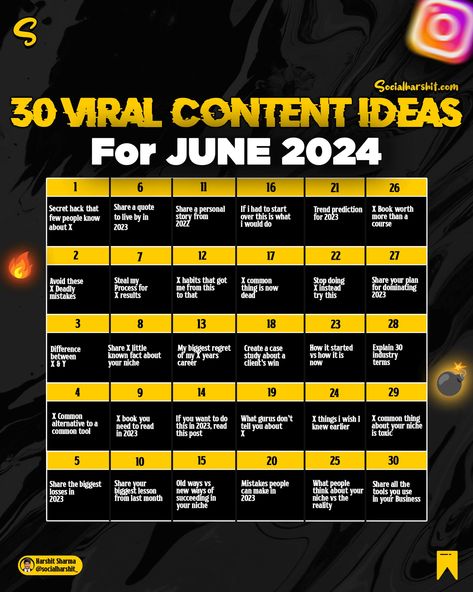 30 VIRAL JUNE 2024 CONTENT IDEAS! SAVE THIS NOW! 🚨 ✅Turn those NOTIFICATIONS ON! Hope it was helpful Drop a 🔥 if you really like the content ▶️Follow @socialharshit_ for more ▶️My Agency @stayup.social 🚨For DIGITAL MARKETING SERVICES: Go To socialharshit.com 👈🏻 #instagramgrowthhacks #contentideas #contentideasforsocialmedia #marchcontentideas #march2024 #2024contentideas #digitalmarketingstrategy #instagramgrowth #instagramgrowthtips #instagramstoryideas #socialmediamarketing #socialhar... March 2024, June 2024, Content Ideas, Instagram Growth, Digital Marketing Strategy, Instagram Story Ideas, Digital Marketing Services, Marketing Services, You Really