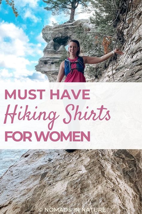 Hiking Layers For Women, Hiking Tops Women, Cute Hiking Outfit Summer, Hiking Outfit Fall Outdoors, Womens Hiking Outfits Summer, Summer Hiking Outfit Women, Hiking T Shirts, Hiking Layers, Hiking Shirts Women