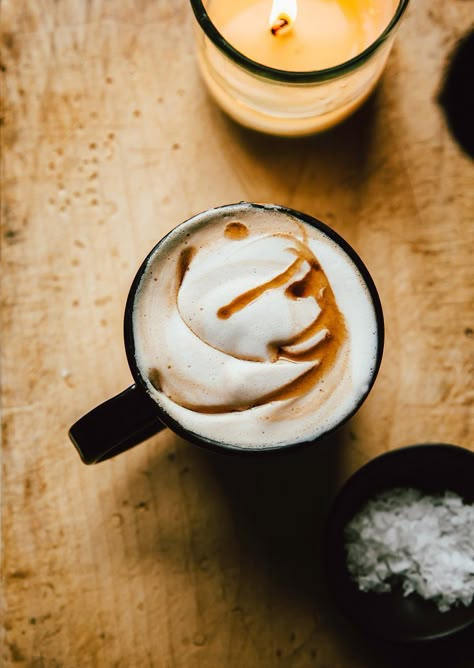 MAPLE SEA SALT LATTE - The First Mess #dairyfree Maple Latte, Pecan Milk, Homemade Cashew Milk, Milk Cafe, Vegan Coffee, Vegan Drinks, Tofu Scramble, Milk Foam, Healthy Food Blogs