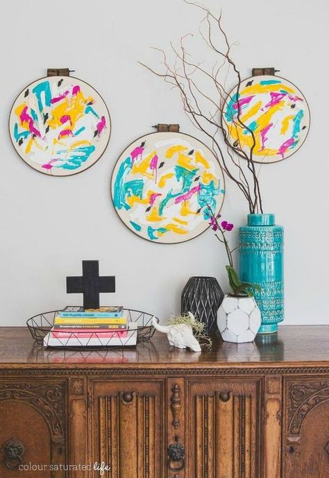 Here's something you never thought of doing with an embroidery hoop Faux Succulent Wreath, Repurposed Planter, Repurpose Diy, West Elm Inspired, Ikat Art, Hoop Wall Art, Pom Pom Baby, Embroidery Hoop Wall, Embroidery Hoop Wall Art