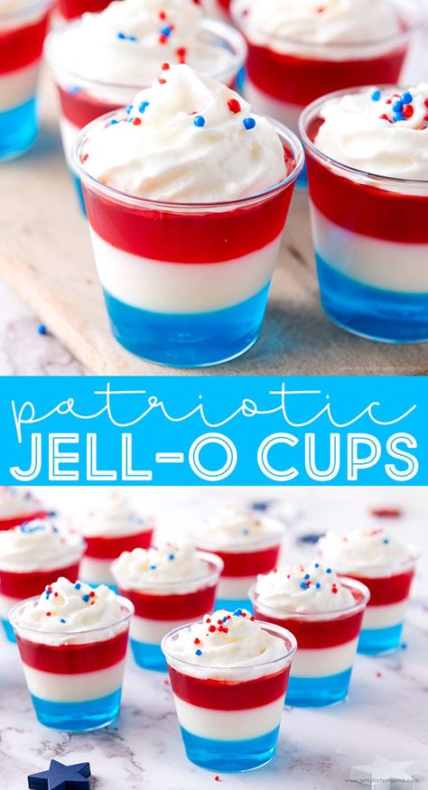 Patriotic Layered Jell-O Cups #4thofjuly #patriotic #nobakedesserts #jelloshots #jellocups #layeredjello #jello #4thofjulyrecipes #partyfood #4thofjulyparty #america #usa #nobake 4th Of July Jello Cups For Kids, Blue Jello Cups, Red White And Blue Jello, Blue Recipes, Jello Cups, Blue Jello, Jello Shot, Patriotic Food, 4th Of July Desserts