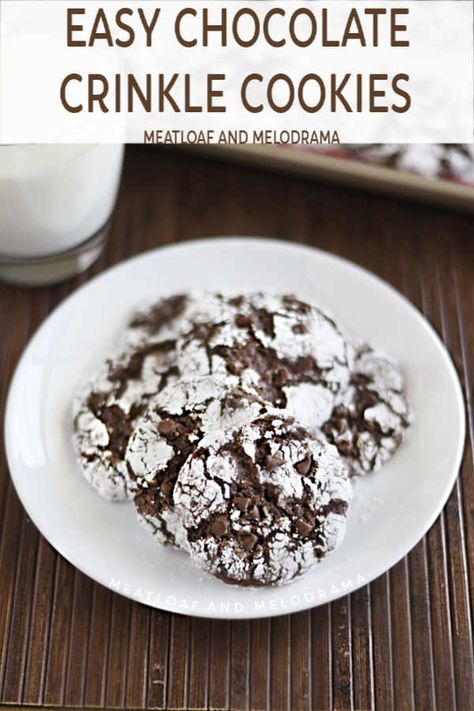 Easy Chocolate Crinkle Cookies made with cake mix and Cool Whip are fudgy, chewy and filled with mini chocolate chips. You'll love this easy dessert! Cookies Using Chocolate Chips, Cake Mix And Cool Whip, Cookies Crinkle, Chocolate Crinkle Cookies Recipe, Cool Whip Cookies, Crinkle Cookies Recipe, Chocolate Crinkle, Cake Mix Cookie Recipes, Chocolate Crinkle Cookies