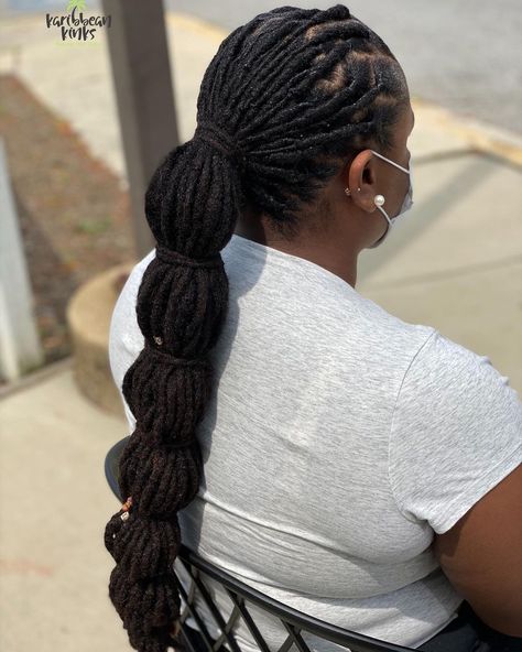 Sherelle Holder™️ on Instagram: “Morning Karibbean’s 💚💚 bubble ponytail ( this is all her hair ) KARIBBEAN KINKS NATURAL HAIR PRODUCTS, available for purchase at the salon…” Long Locs Ponytail, Bubble Ponytail Locs, Loc Bubble Ponytail, Long Loc Ponytail Styles Dreadlocks, Loc Ponytail Styles Black Women, Wedding Loc Styles, Loc Ponytail, Dread Styles, Locks Hair