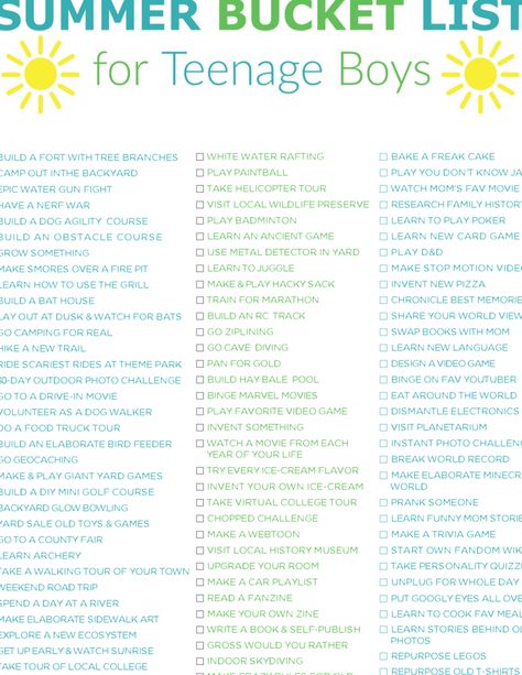 Do you know how hard it is to find a summer bucket list for teenage boys? I couldn't find a single one, so I made my own! Click for a list of 100 fun things to do to bond with your teenage son this summer. Includes free printable PDF checklist. #bucketlist #summerideas #summerbucketlist #teenbucketlist Teen Activities, Summer Bucket List For Teens, Bored Ideas, Ultimate Summer Bucket List, Bucket List For Teens, Summer Checklist, Summer Worksheets, Summer Boredom, How To Juggle