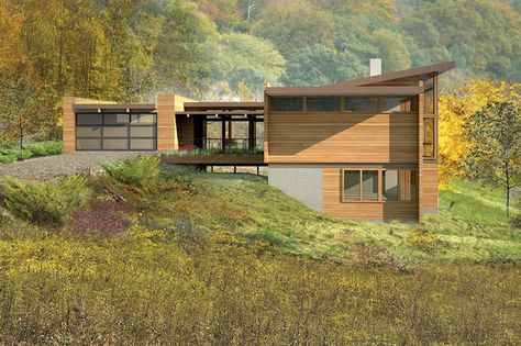 Lindal Elements Modern Home Design Collection by Lindal Cedar Homes - Photo 17 of 27 - Dwell Net Zero Homes, Farm Store Ideas, Modern Mountain House Plans, Slope House Design, Lindal Cedar Homes, Link Modern, Mountain Ideas, Modular Home Designs, Modern Mountain House